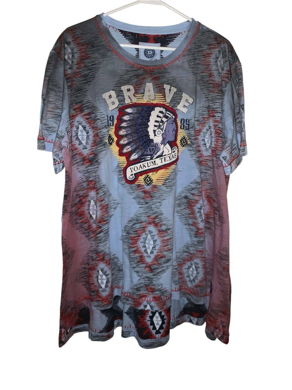 Double D Ranch Brave Yoakum Texas Short Sleeve Tee in Blue, Red, Cream